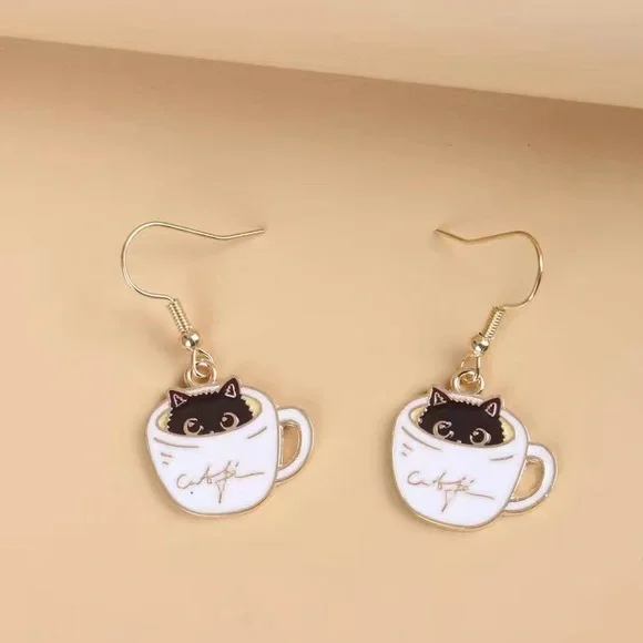 Coffee Cat Lover Cafe Dangling Gold Earrings Limited Edition Kawaii Kitty Gift - Picture 2 of 9